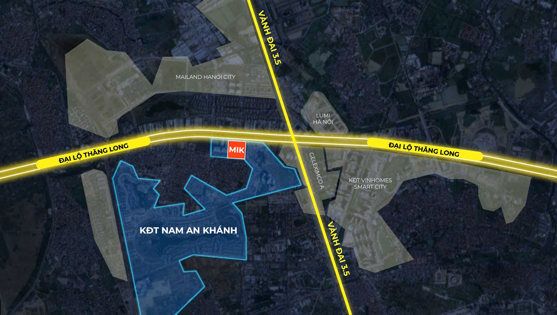 Vị trí MIK Nam An Khánh - Imperia Sky Park trong KĐT Nam An Khánh, gần Đại lộ Thăng Long và Vành đai 3.5