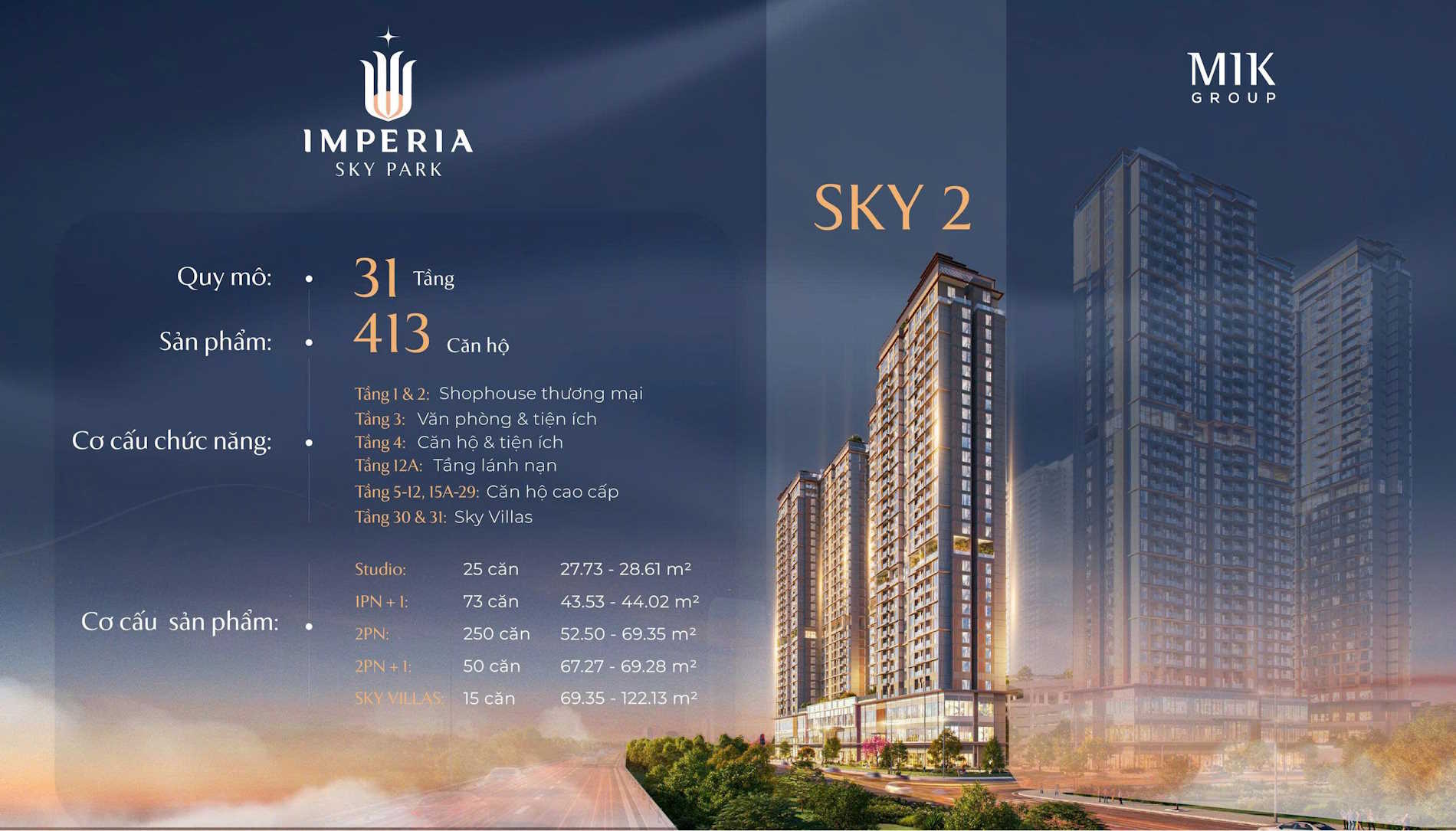 Thông số tòa Sky 2 Imperia Sky Park: 31 tầng, 413 căn; có Sky Villas ở tầng 30-31